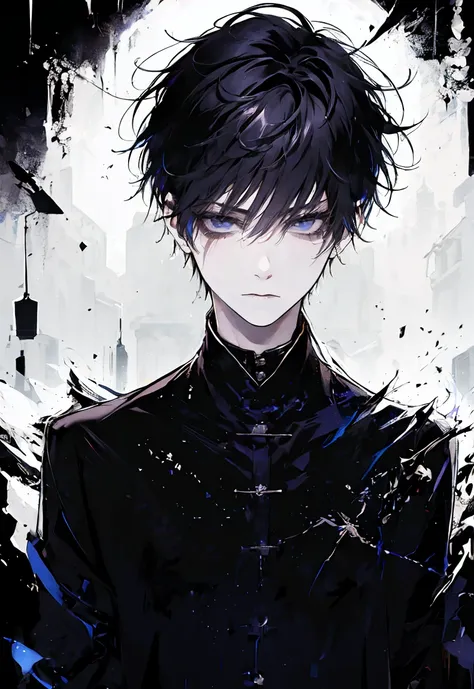 one male character, adult male, bishonen, handsome, pale skin, black hair, dark hair, dark eyes, goth urban black clothes, jewle...