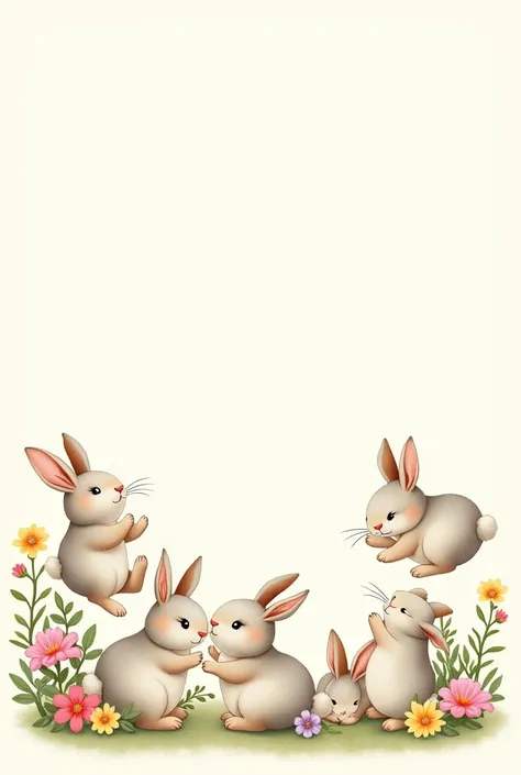 Vintage print of chubby rabbits and flowers on a white background with the cute bunnies jumping and making different poses