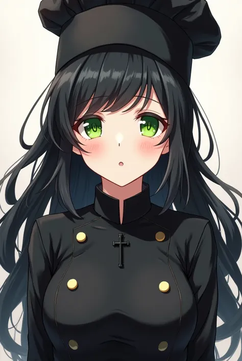 Anime Cute woman green eyes long black wavy hair wearing crucifix black uniform and black chef&#39;s cap