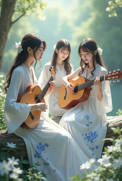 A 3 beautiful japanese woman,long wavy hair, wearing white long dress blue floral motif playing the guitar