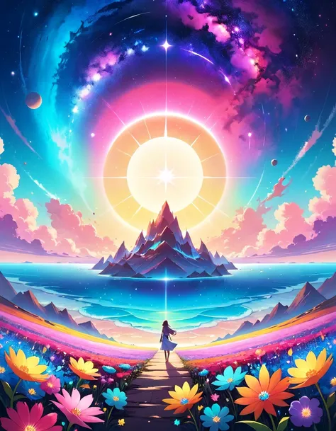 Design a visually captivating surreal ((cosmic)) masterpiece where celestial ((flowers)) are vibrant geometric shapes in a sea of ethereal pastel hues, each petal represents a distant galaxy, and the interplay of colors and patterns forms an otherworldly l...