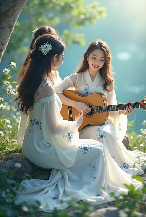 A 3 beautiful japanese woman,long wavy hair, wearing white long dress blue floral motif playing the guitar.1girl, High Quality, 