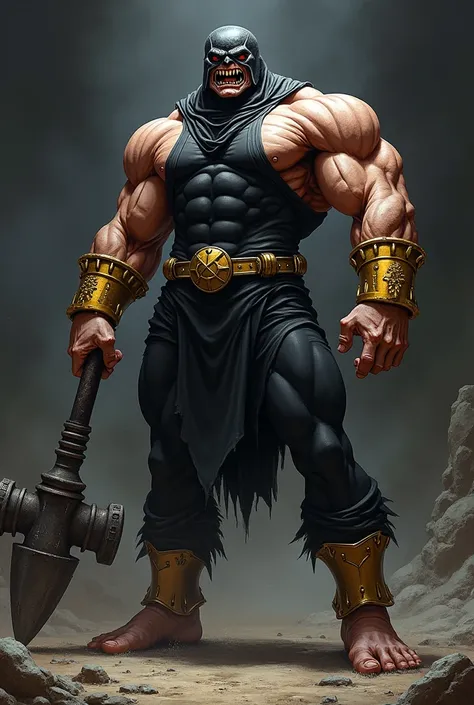 A muscular and imposing character with a tight black outfit. He wears gold bands around his arms, legs, and torso. The character has a mask covering his face, revealing sharp teeth, giving him a fierce and menacing look. He is holding a large spiked mace. ...