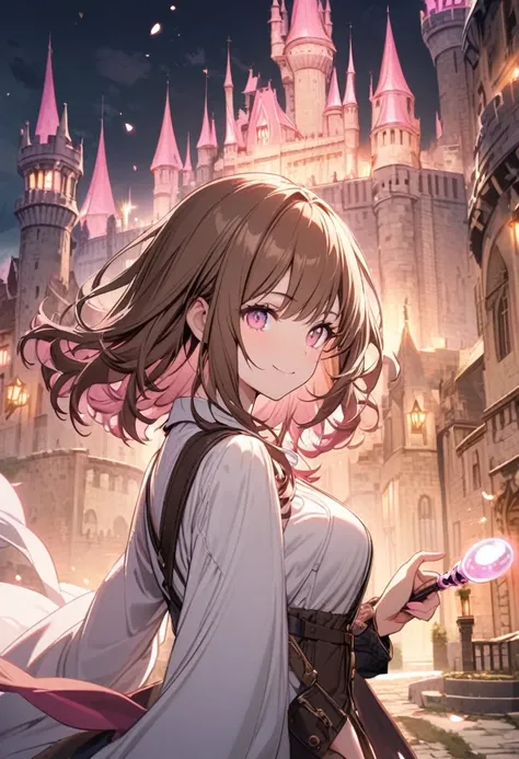 good looking, Alone, 1 female, Medium Hair, Brown Hair, Pink highlights on the tips, Light pink eyes,Smile Facial，Magic wand,Castle,Very detailed