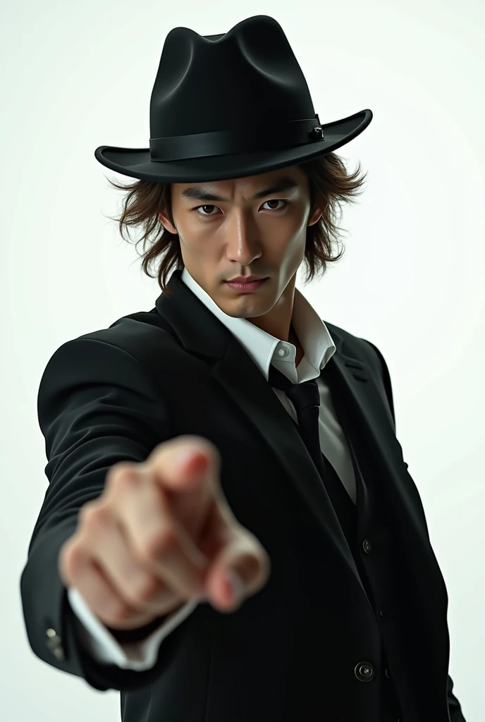 live-action、Real、A beautiful slender Japanese man wearing a black three-piece suit、Wear a black fedora hat at an angle、Brown Hair、Wavy Hair、Droopy eyes、Dynamic pose、Pointing at the audience、View your viewers、White background
