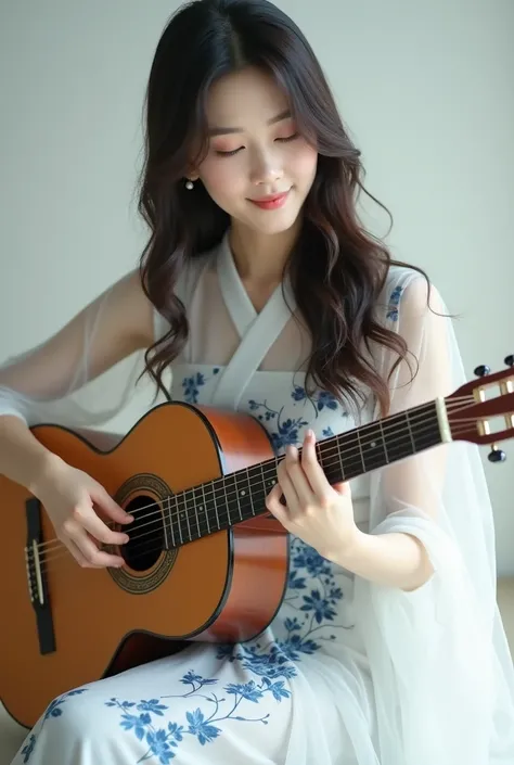 40 year old beautiful japanese woman,long wavy hair, wearing white long dress blue floral motif playing the guitar.1girl, High Quality, 