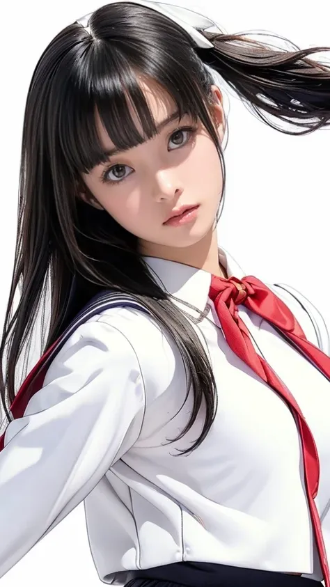 highest quality、realistic、8K、High resolution、1 girl、woman、(skin dents)、(Portrait:0.6)、gorgeous、((white background:2.1))、((small round breasts、high school girl uniform:1.98))、look straight at the viewer:1.8、(1 Girls eyes looking at the viewer、very long hair...