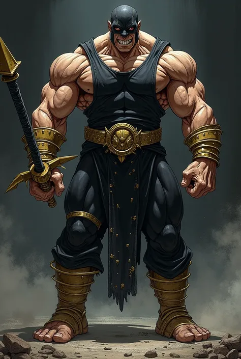 A muscular and imposing character with a tight black outfit. He wears gold bands around his arms, legs, and torso. The character has a mask covering his face, revealing sharp teeth, giving him a fierce and menacing look. He is holding a large spiked mace. ...