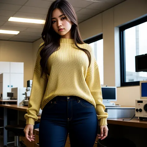 1girl, beautiful detailed, beautiful face, wide hips Guanajuato emo teen, slim, long hair, hair over one eye, long sleeve sweater tucked in tight pants, pearshaped wide hips, full body photo close up, in a dark science laboratory,