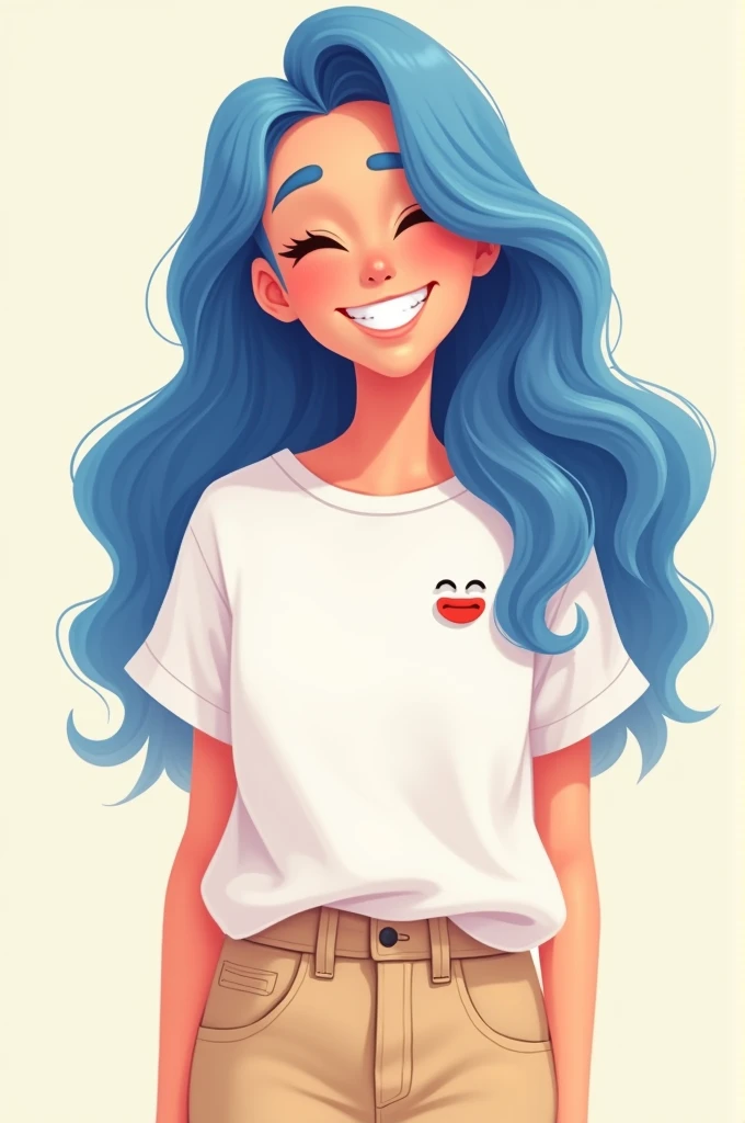 Avatar of a 20-year-old girl with long hair, wavy and blue, wearing a white t-shirt with a happy face logo and beige pants