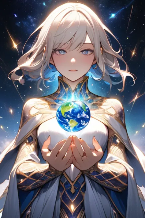 humanoid figure made of stars and galaxies with earth in her hands