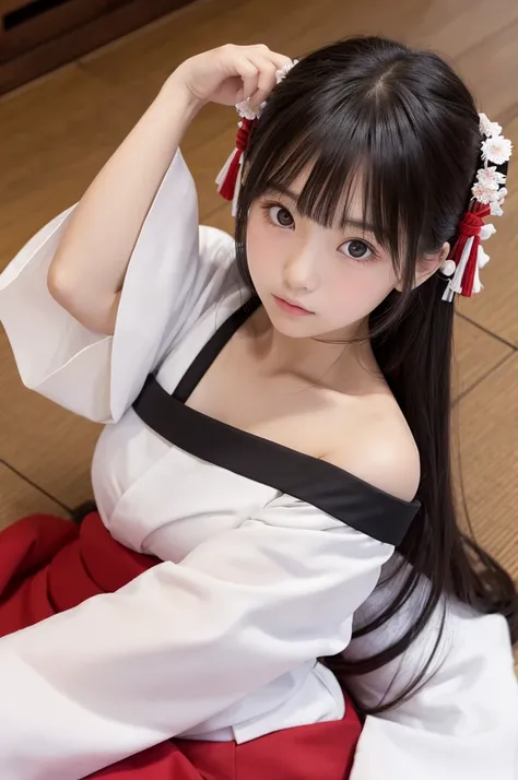 best quality, masterpiece, ultra detailed, there is so cute Japanese girl, looks much younger, has a petite and skinny figure, round face, droopy eyes, small nose, dark eyebrows, black long hair and bangs, five fingers, wearing shrine maiden outfit, white ...