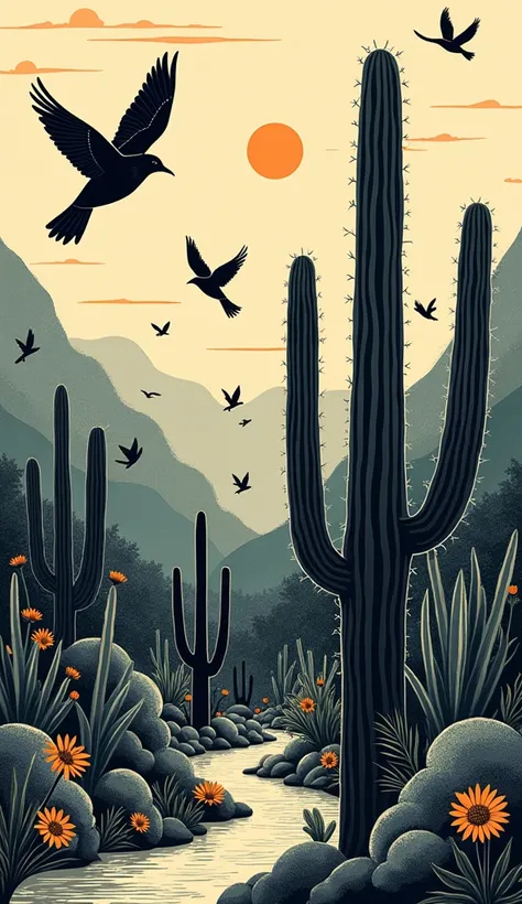 Make an illustration that would represent the cover of a cordel that talks about the 23 years of a regional library. Choose elements characteristic of the northeast, representative of woodcuts, like cacti, floor, birds. Bring icons that may refer to the li...