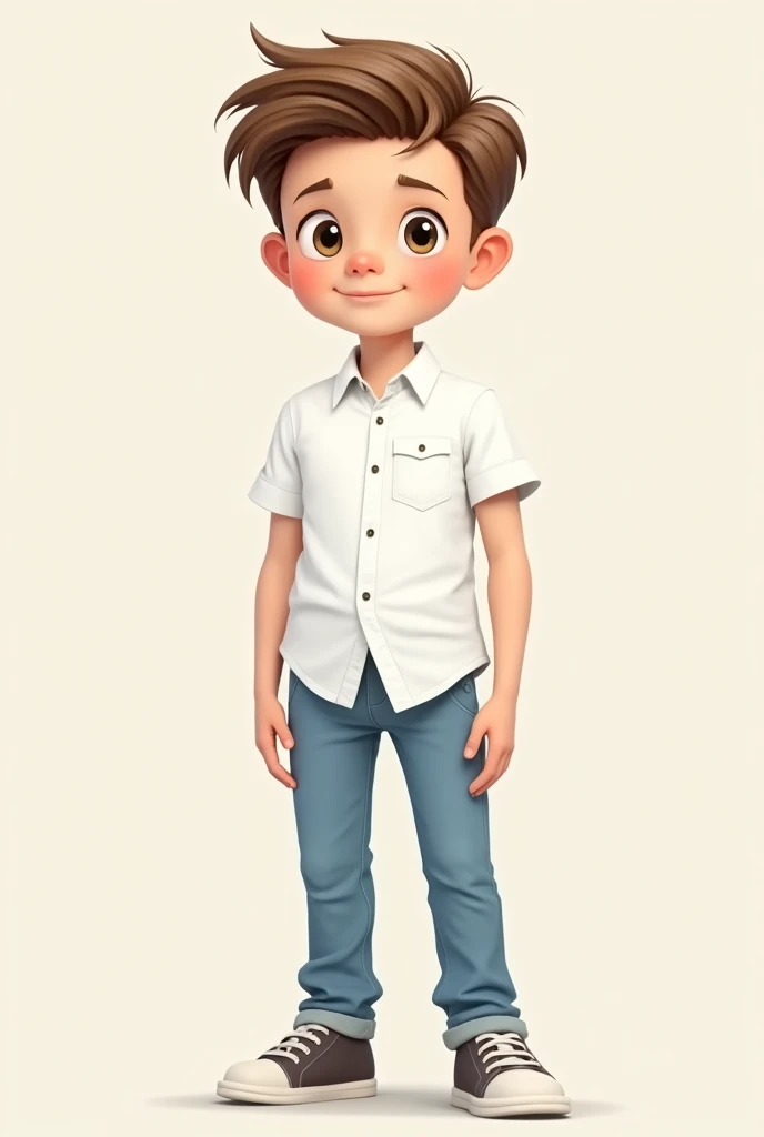 Boy wearing a white shirt, light blue pants, sociable. Short, slicked back, very light brown hair. in a standing position. A little more realistic