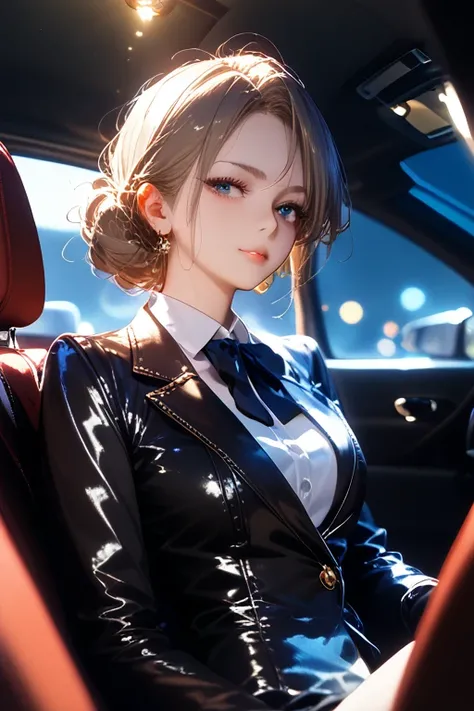 anime girl, Dressed in a Velvet Suit, beautiful pose, Sexy and Pleasant Appearance, Ideal anatomy, flirting, Background Sits in a Car on a Leather Seat, small details, Leather interior Windows slightly open, masterpiece, Full Detailing, bright colors, Prec...