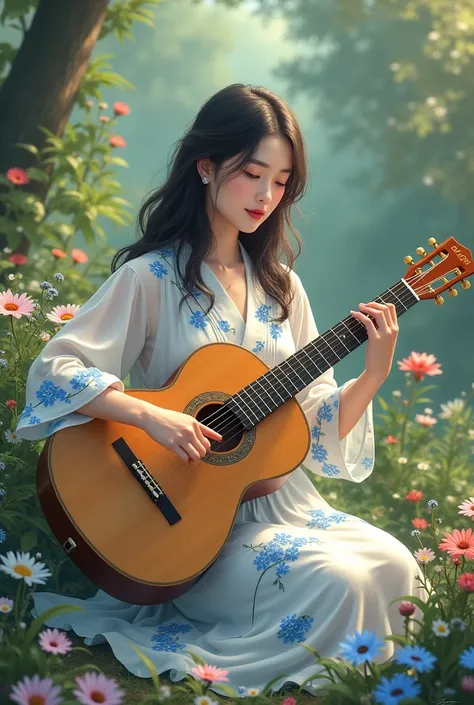 40 year old beautiful japanese woman,long wavy hair, wearing white long dress blue floral motif playing the guitar,floral forest background,1girl, High Quality, 