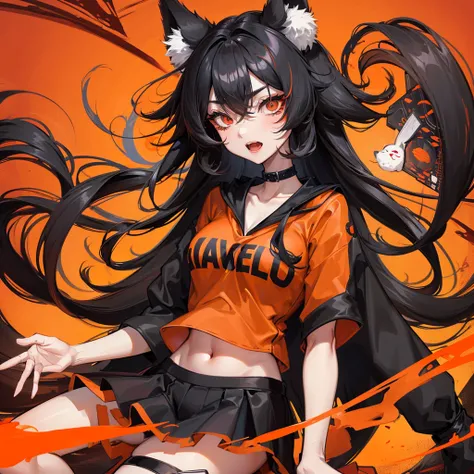 Long Hair, Breast, Black Hair, Fox Ears, One Red eye and one black eye, Kitsune, Orange Cropped Pullover, Black skirt, Orange Basecap, ahegao Face,