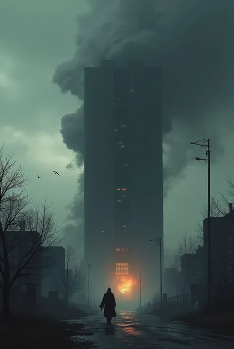 The last scene shows smoke rising from the North Tower , with a sense of impending tragedy hanging in the air. Marvel comics style without the heroes