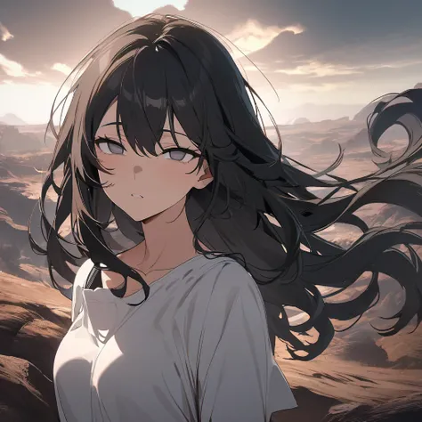 beautiful, masterpiece, Best Quality, anime, 1 girl, Alone, View your viewers, (Shining Eyes:1.3),(beautiful detailed eyes:1.1),(The eyes are brown:1.5),(Long Hair:1.2),(Black Hair:1.5), Wavy Hair,(Slanted Eyes:1.6), Strong winds,The background is a volcan...