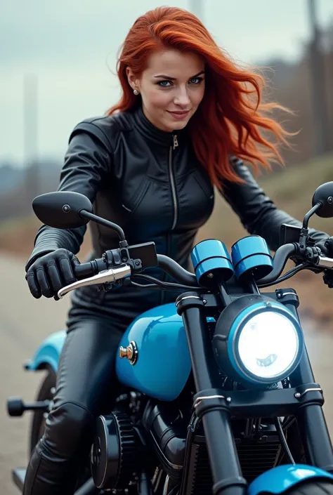 Natasha Romanoff&#39;s teenage daughter riding a blue and black Harley Davidson, wearing black biker outfit with blue details. The girl is redheaded, ha , Blue eyes and youre smiling.