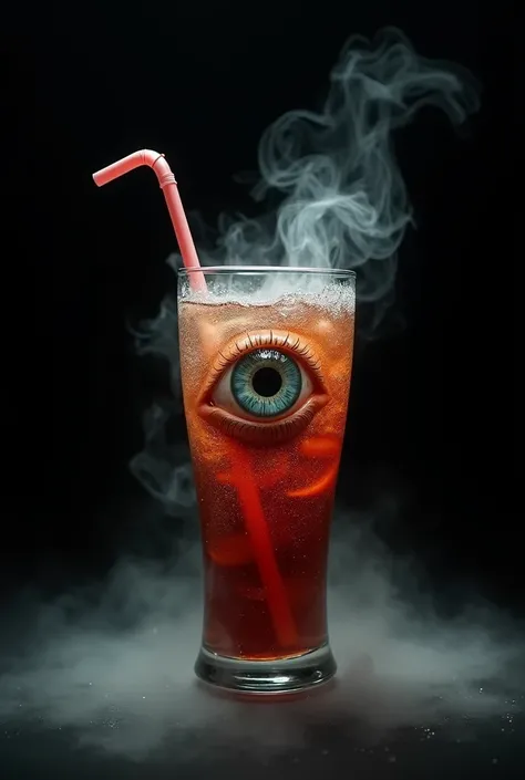 Cold green Italian soda with an eye inside and a straw on a black background with smoke coming out