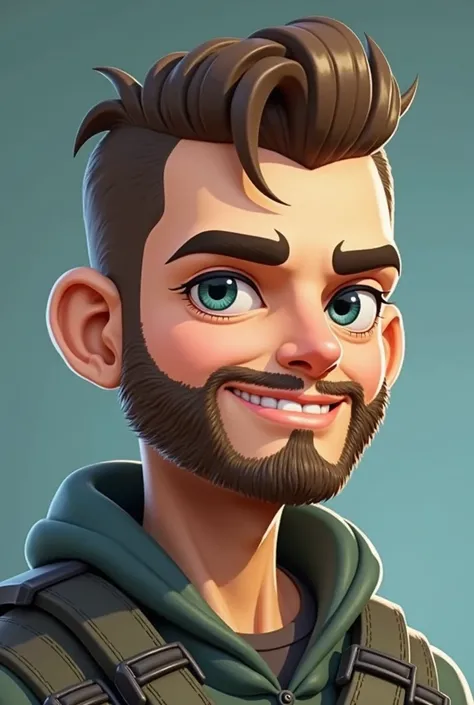 a call of duty warzone cartoon character for youtube portal whose features include a beard, no mustache, hair cut on the sides, and eyebrows shaped around 20 years old
