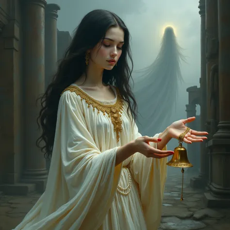 1 very pale skin girl, covered by a white shroud with gold jewelry, she holds a golden bell in her hand , long dark hair, will-o-the-wisp follow the sound of his bell, ruins of a large foggy medieval city at night in background, detail richness, masterpiec...