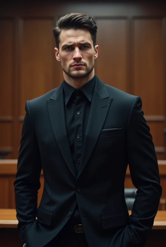 handsome young Russian man with European features, 2, short combed black hair, bright gray eyes, porcelain white and pale skin, muscular body, reddish lips, masculine jaw and features, dressed in a smart and serious black suit, is standing in a courtroom f...