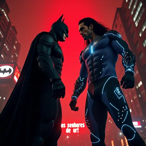 Ultra-realistic and photorealistic cinematic image A low-angle photo of two friends greeting each other. On one side, Batman as portrayed by Robert Pattinson in the Matt Reeves film and on the other, a muscular man with the face of actor Henry Cavill with ...