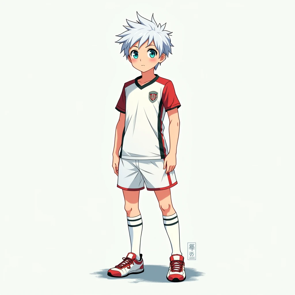 anime boy , cute, muscle, soccer uniform , white hair, aquamarine eyes , full body