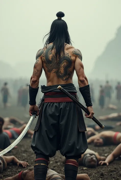 Create a shirtless samurai from the back, he just fought a battle, on his back he has a tattoo of an oriental dragon and also battle scars. This samurai has long black hair and he holds a katana in his left hand.. He is in the middle of several bodies of d...