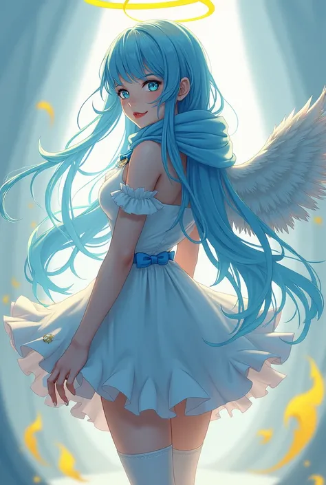 She has long blue hair, an angel ring on her head and small angel wings, a blue scarf, a blue top, a blue skirt, blue stockings, blue eyes, white panties under her skirt, and yellow smoke like a fart is coming out of her skirt, and she is looking back.