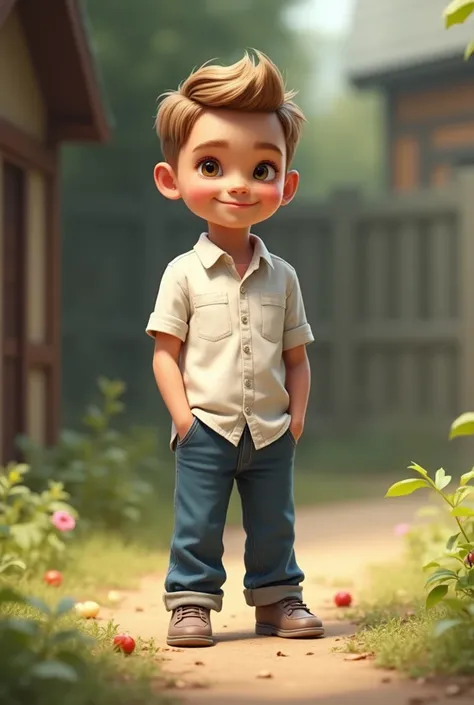 Boy wearing a white shirt, blue pants , sociable. Short, slicked back, very light brown hair. in a standing position. A little more realistic