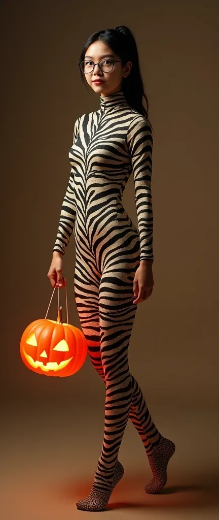 a most beautiful and the most prettiest fourty years old asian chinese adult girl with a pair of glasses wears plains zebra print lycra long sleeved footed turtleneck unitard catsuit covered with snake stripes.She always wear plains zebra print lycra nylon...