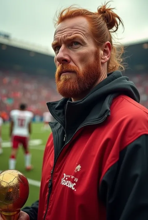 football coach with bun,red-haired and beardless with a red-black jacket with a trophy in the stadium 