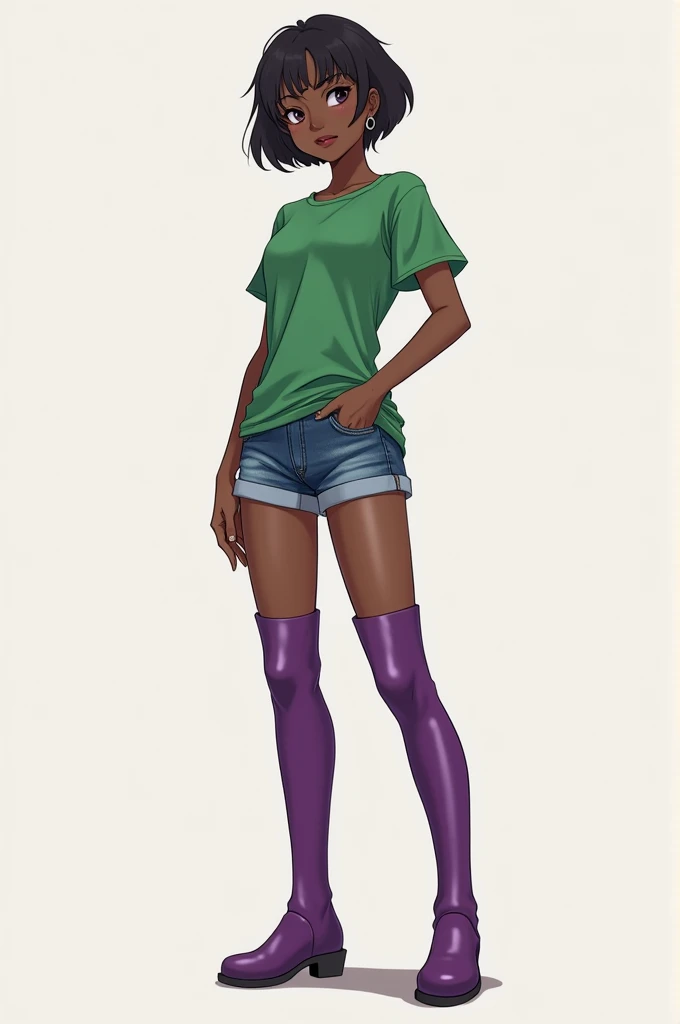 A black chocolate skin anime boy wearing jeans short shorts and a green T-shirt, he have a female body, he have a effeminate face and wear purple effeminate boots, he have female perfect legs, sexy, gay yaoi character