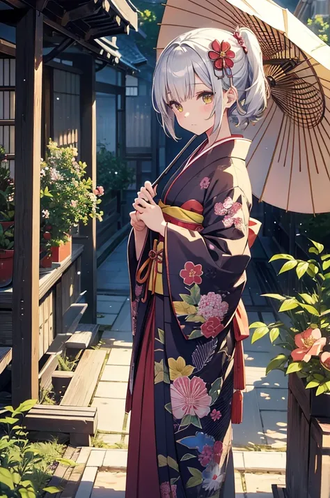 - **expression**: noatural - **Hairstyle**: Short Hair, ヘアaccessoriesで軽く結んだ - **clothing**: Traditional Japanese kimono with floral pattern, Mainly red and white - **accessories**: ヘアaccessories, Parasol - **Pose**: Standing on a small platform - **sight**...