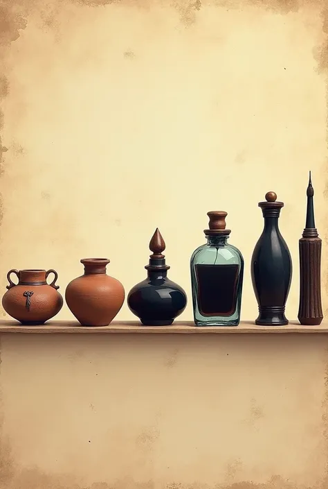 Evolution of Ink Bottles Through History: A timeline of different ink bottles from ancient times to the present day, starting with a clay pot from ancient Egypt, followed by a traditional Chinese inkstone, then a medieval inkwell, and ending with a modern ...