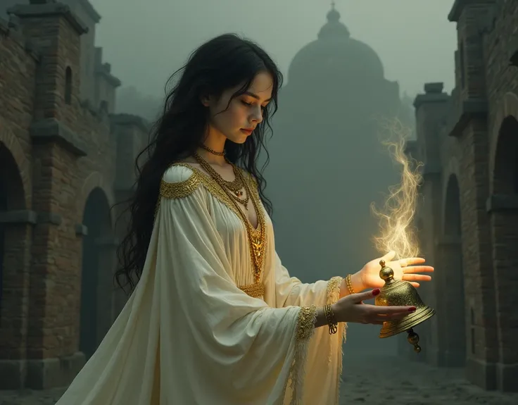 1 very pale skin girl, covered by a white shroud with gold jewelry, she holds a golden bell in her hand , long dark hair, will-o-the-wisp follow the sound of his bell, ruins of a large foggy medieval city at night in background, detail richness, masterpiec...