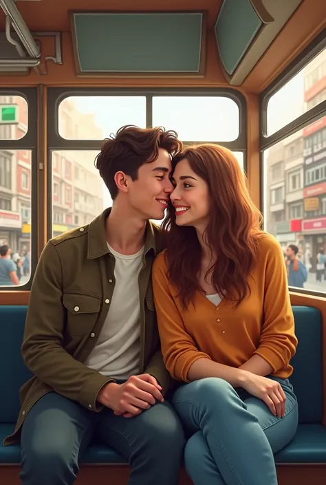 A young men and a women feeling Happy together in bus