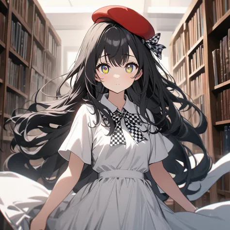 beautiful, masterpiece, Best Quality, anime, 1 girl, Alone, View your viewers, (beautiful detailed eyes:1.1),(The eyes are brown:1.5),(Long Hair:1.2),(Black Hair:1.5), Wavy Hair, Strong winds,The background is the library,(Dragon Man:1.2),(White girly prin...