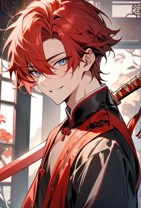 good looking, Alone, 1 male、Chinese clothing、Red Hair。Looking this way、Attractive eyes、masterpiece, Best Quality,smile。He has a red-bladed sword。Young face。Calm atmosphere