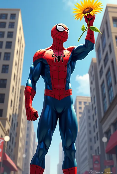 Spiderman with a yellow flower with his arm raised higher