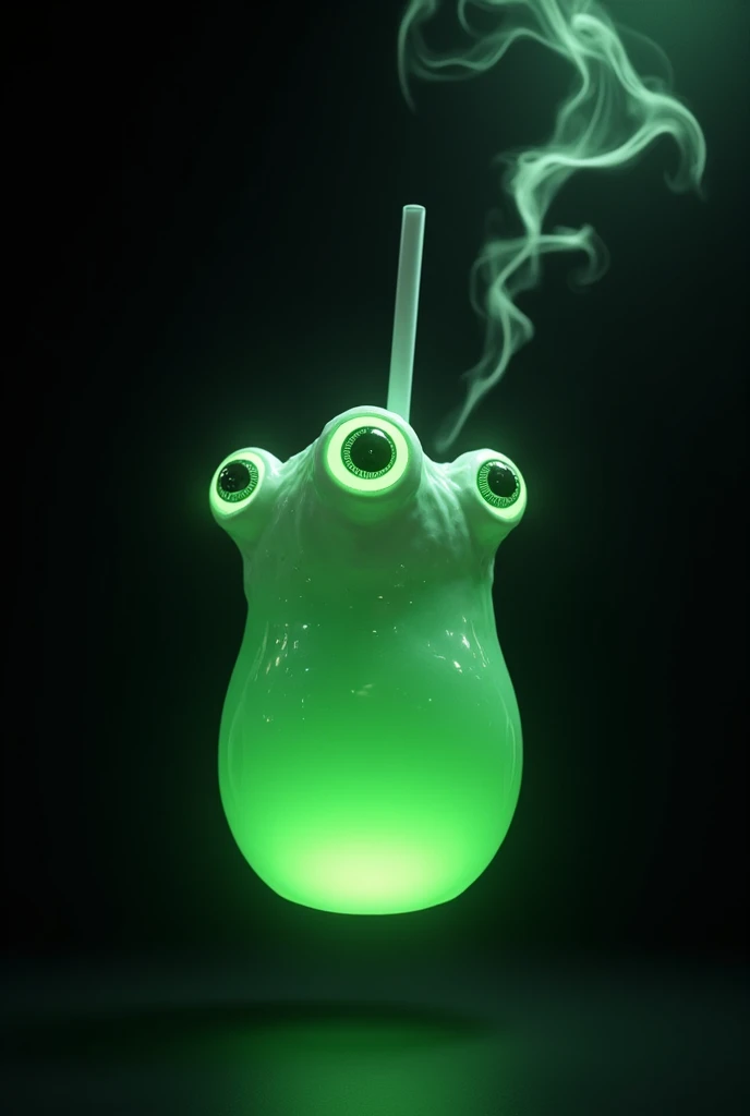 Very cold green drink with just three eyes floating and a straw on a black background with smoke coming out in the right corner