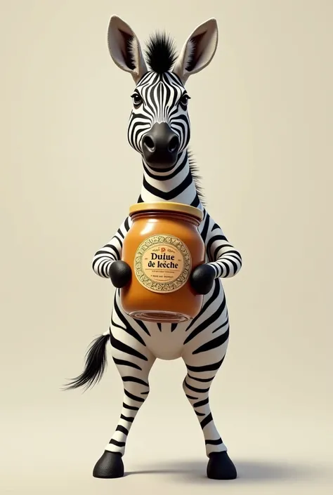 A zebra with a jar of dulce de leche in its hand 