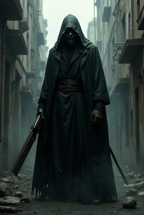 A sinister and deceitful figure standing in the shadows of a crumbling cityscape. Jagi wears a menacing helmet that hides his disfigured face, and he holds a shotgun loosely by his side. His posture exudes cruelty and malice, as he lurks in the darkness, r...