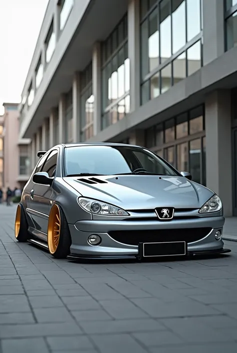 a 5-door Peugeot 206 xdesign, silver-grey, year 2006 with low-profile rims, golden rims, tuning