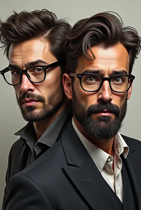 2 man with wavy dark hair and glasses with a beard and mustache 