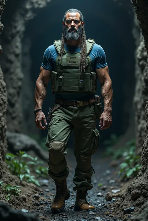 In an abandoned coal mine, a man appears, negro, weighing 90kg, hair in long braids, with little beard, blue eyes, with a green bulletproof vest over a blue shirt, green military pants with metallic reinforcements and brown boots.