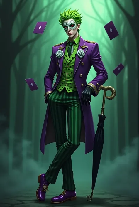 I want a man he has red eyes he is wearing a bright light green shirt with dark green leopard spot detail with a purple tuxedo with white rose details gold buttons black gloves and wears dark green long pants with light green stripes purple shoes with gold...